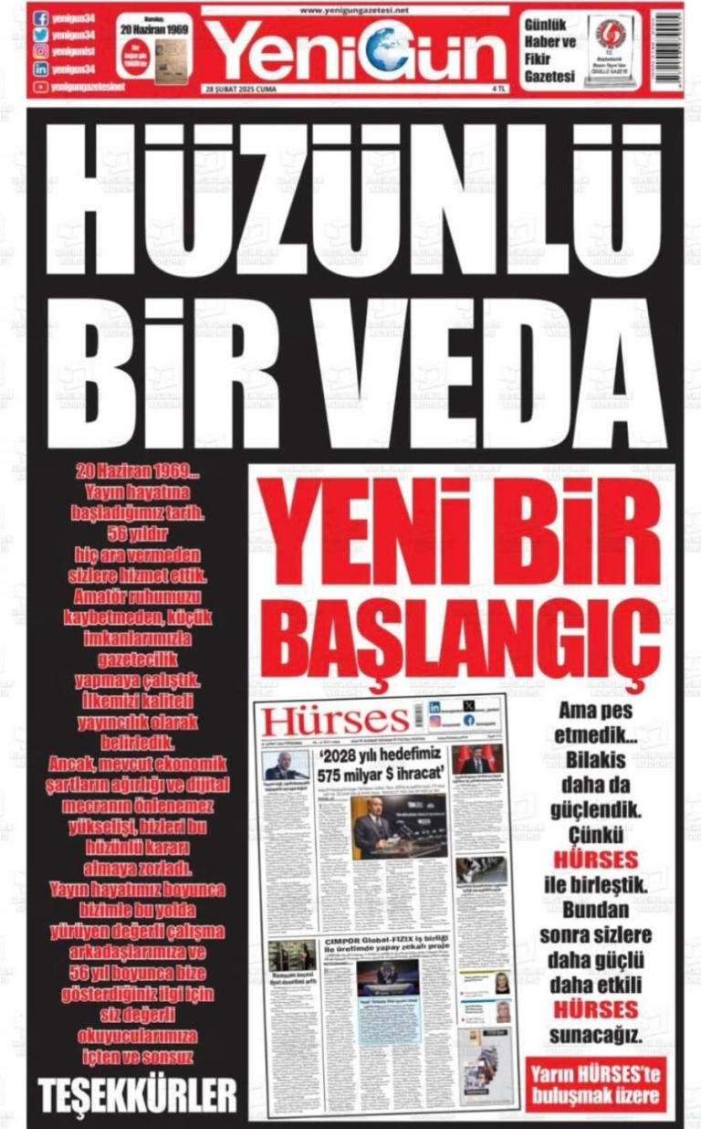 Yenigün Gazetesi Ekonomik Zorluklar Nedeniyle Yayın Hayatına Son Verdi